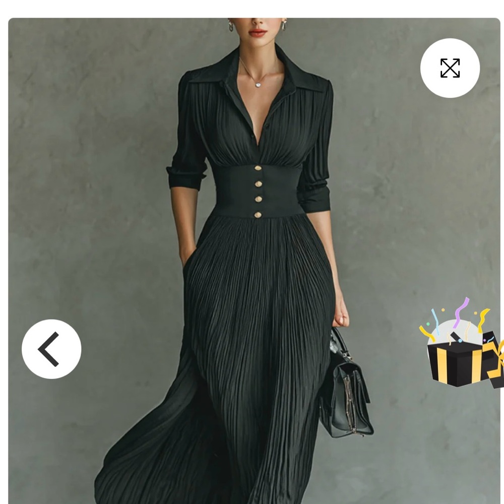 Black Pleated Lapel Waist Long Sleeve Maxi Dress